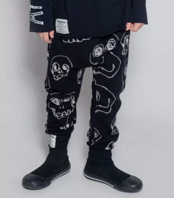 Outlet Nununu World Scribbled Skulls Baggy Pants Black